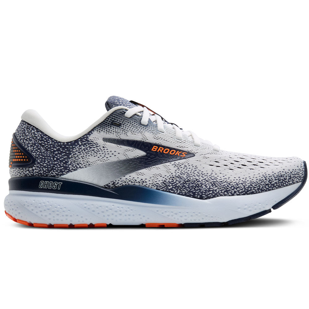 Men's Brooks Ghost 16, White/Peacoat/Orange, 12 D Medium