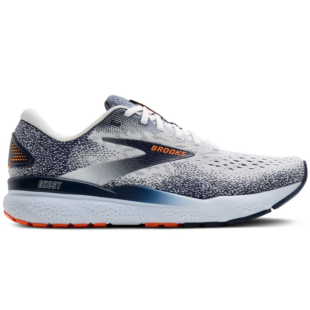 Men's Brooks Ghost 16, White/Peacoat/Orange, 8 D Medium