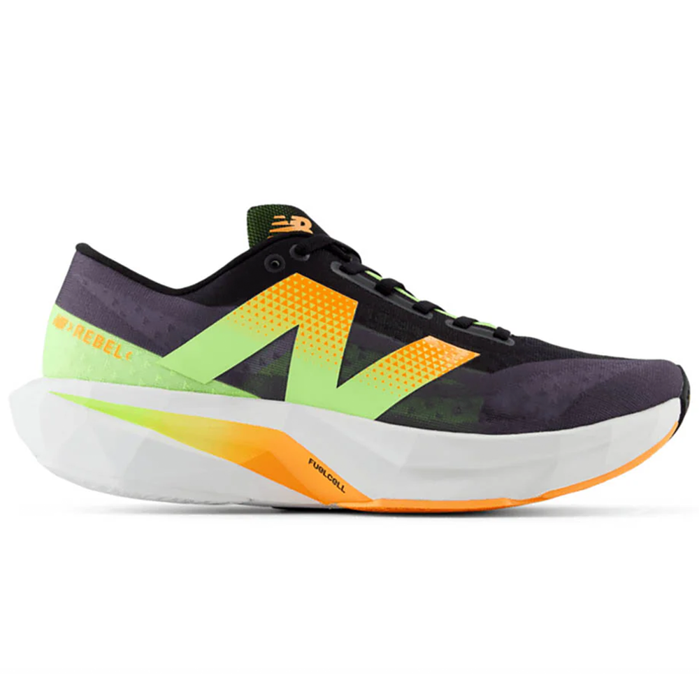 Men's New Balance FuelCell Rebel v4, Black/Graphite/White Peach/Bleached Lime Glo, 11.5 D Medium