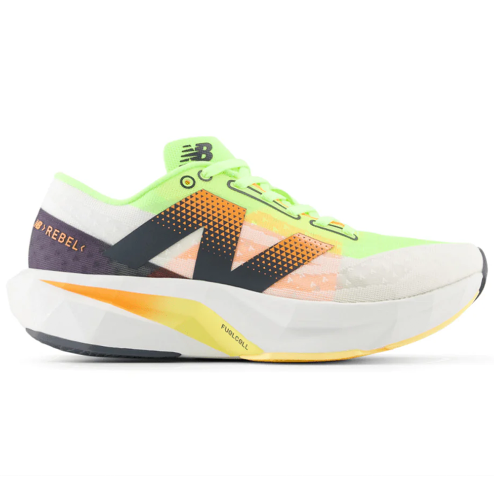 Men's New Balance FuelCell Rebel v4, White/Bleached Lime Glo/Hot Mango, 9 D Medium