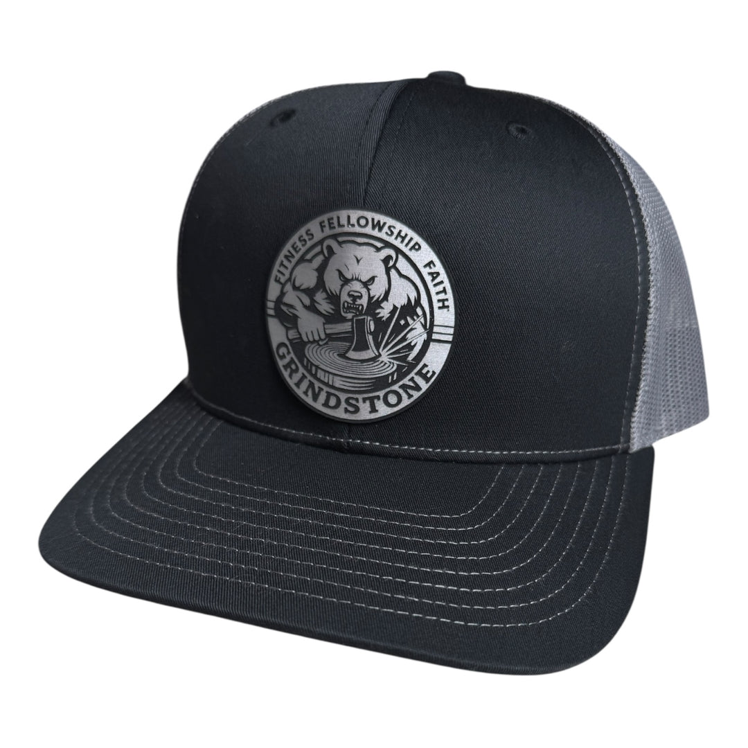F3 Grindstone in Black & White Leatherette Patch Hat Pre-Order July 2025