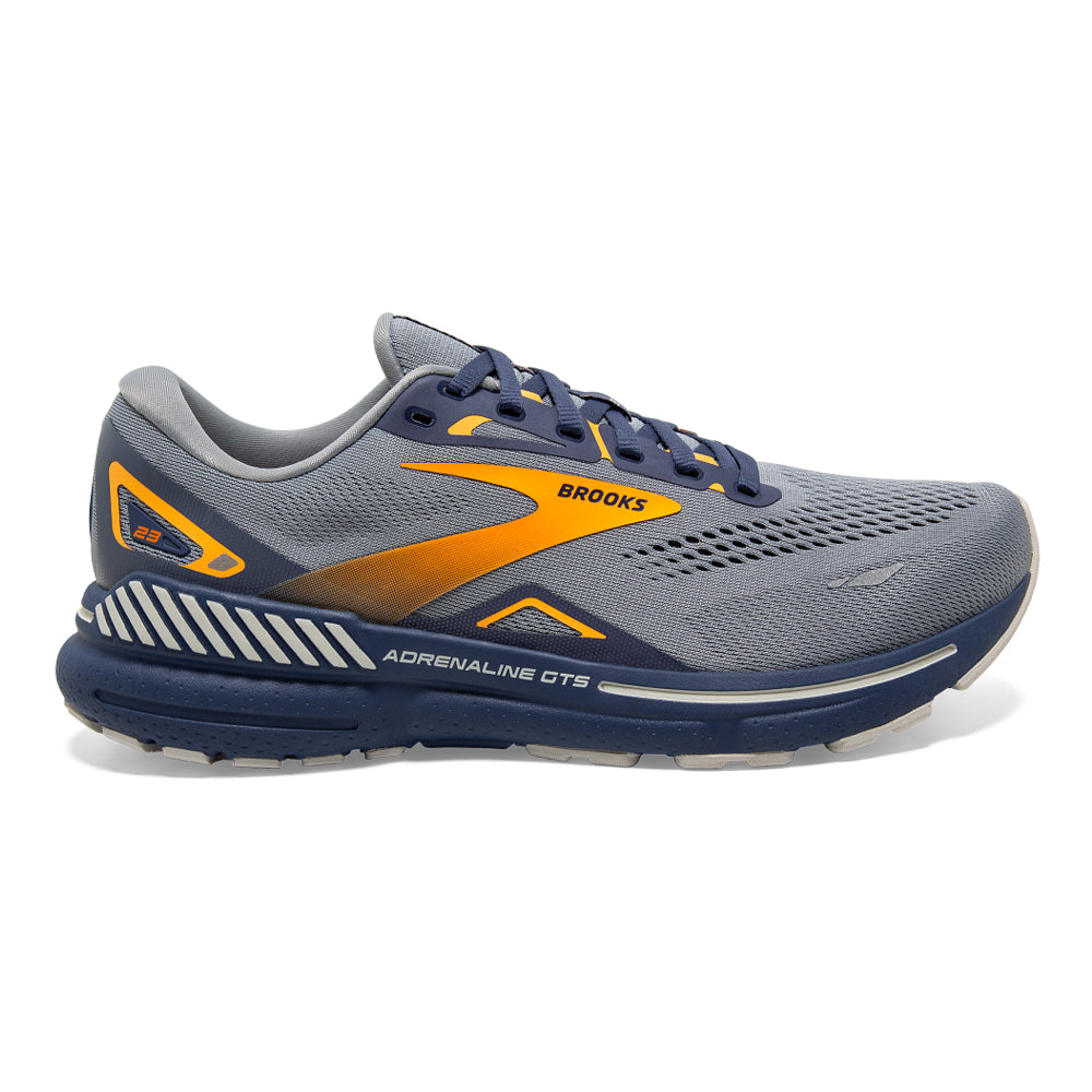 Men's Brooks Adrenaline GTS 23, Grey/Crown Blue/Orange, 8.5 D Medium
