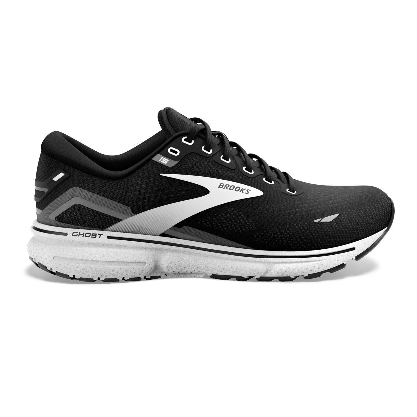 Men's Brooks Ghost 15, Black/Blackened Pearl/White, 7.5 D Medium