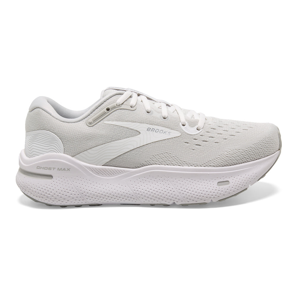 Men's Brooks Ghost Max, White/Oyster/Metallic Silver, 13 D Medium