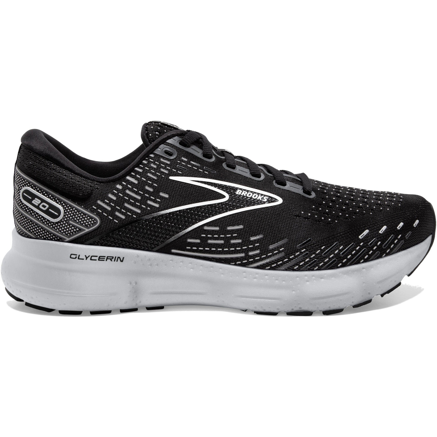 Men's Brooks Glycerin 20, Black/White/Alloy, 15 D Medium