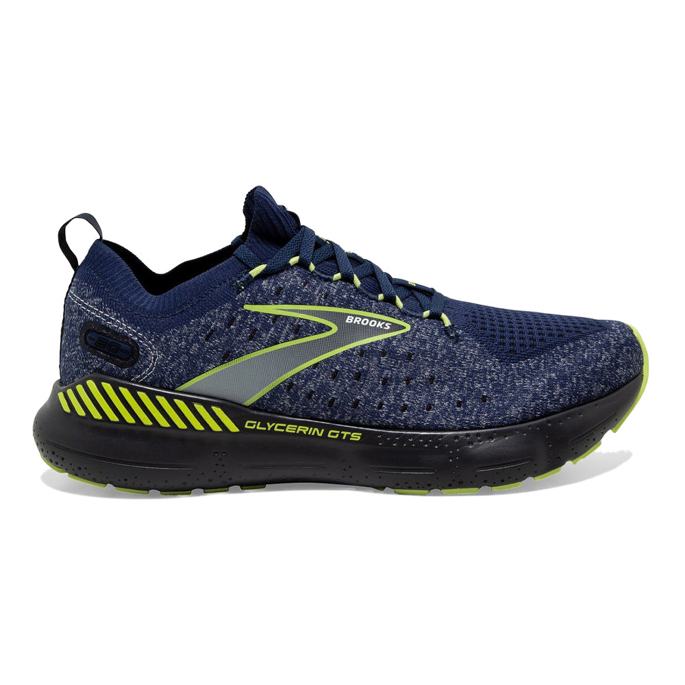 Men's Brooks Glycerin StealthFit GTS 20, Blue/Ebony/Lime, 9.5 D Medium