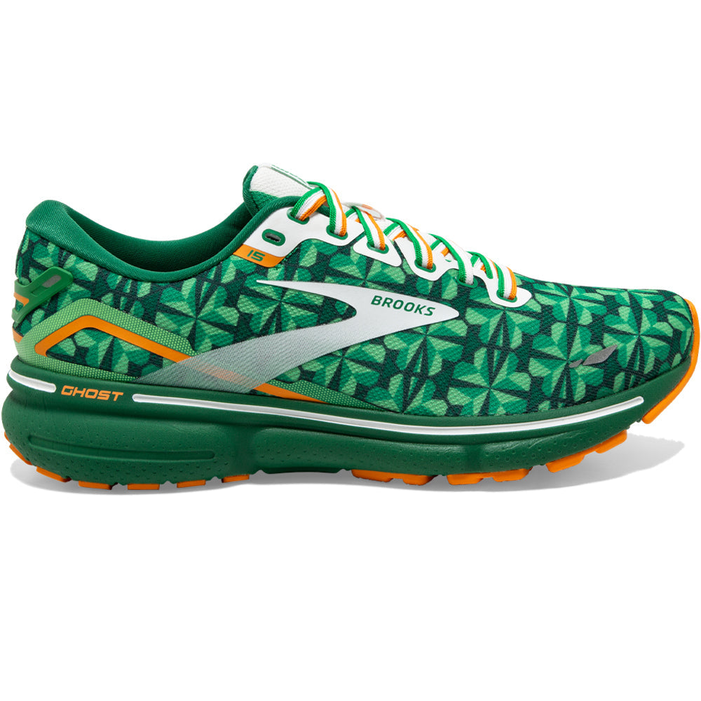 Men's Brooks Ghost 15, Green/White/Orange, 10.5 D Medium